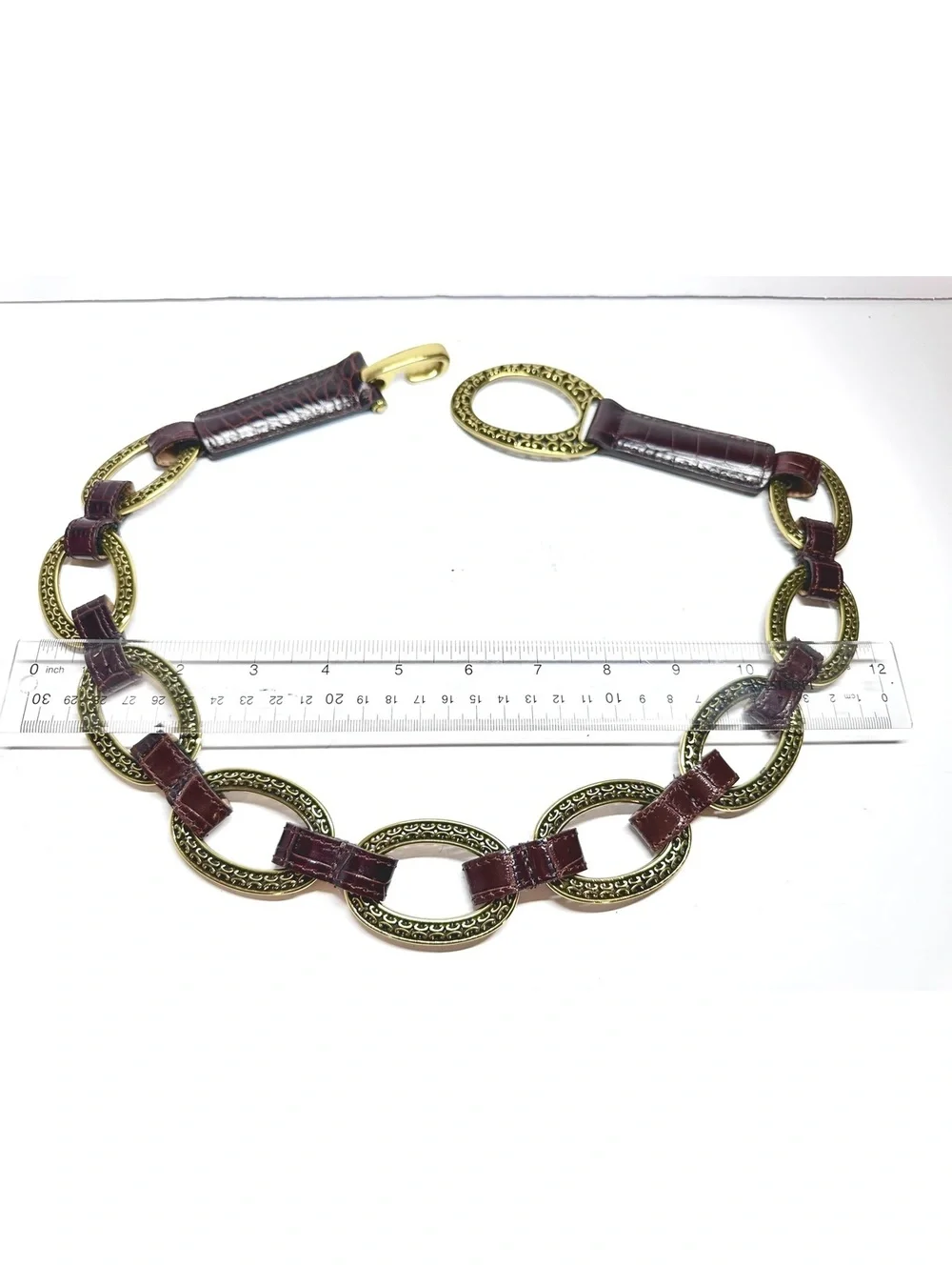 Vintage Brighton Dark Brown Croc-Embossed Leather Brass Tone Chain Links Size 32